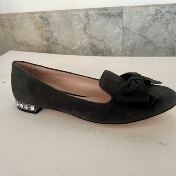 Miu Miu Grey Suede Flats Loafers, rhinestone and bow accent - Picture 2 of 5